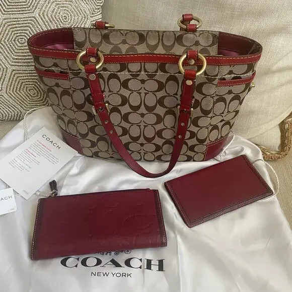 Vtg Coach Signature Tote 11353 4 Pc Set | Red Leather Trim Bag, Pink, Mint - Picture 3 of 10